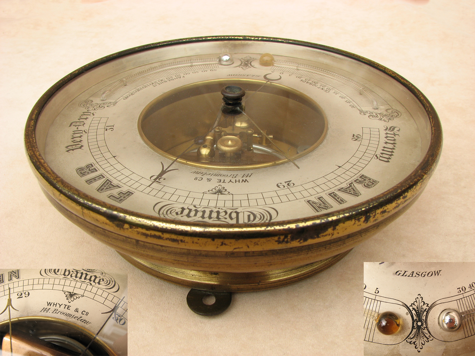 Antique ships barometer with twin thermometers signed Whyte & Co, Glasgow